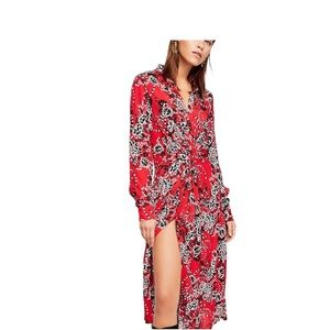 Free People Womens Tough Love Long Sleeve Collared Shirtdress Midi Red Sz 6